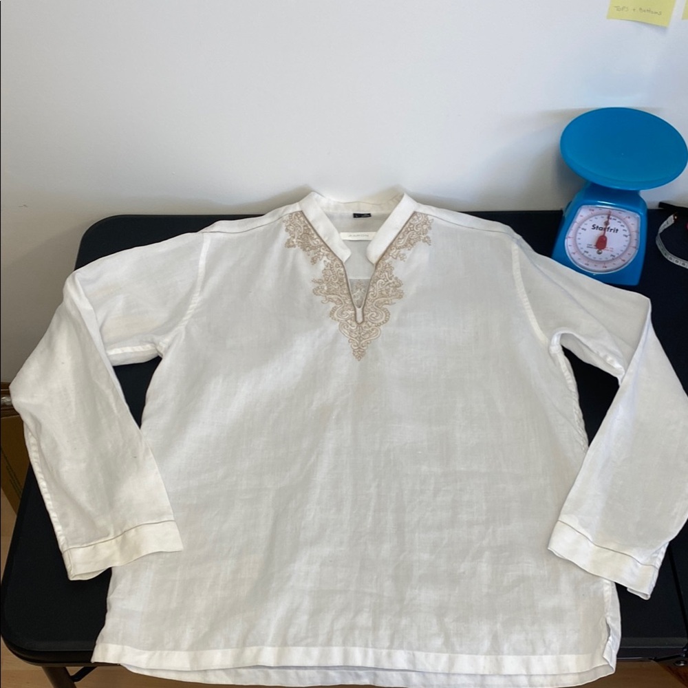2 for $25 - Unisex Linen Tunic, Embroidered Elegant White Long Sleeve, L - Large